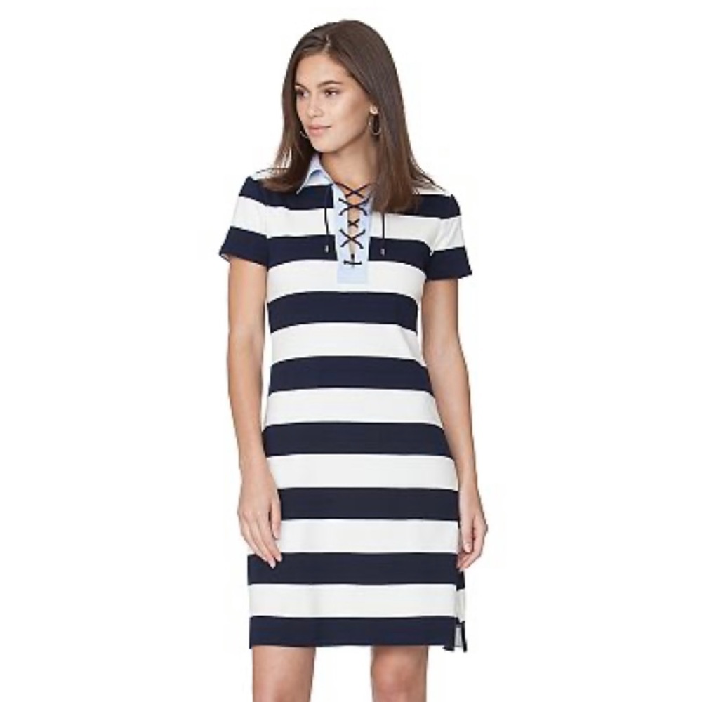 Chaps Nautical-Inspired Lace-up Polo Dress Navy/White Stripe Women’s Small NWT!